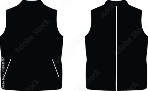 sleeveless padded puffer vest front and back view, winter outerwear fashion silhouette vector illustration