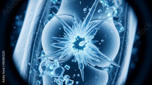 A detailed blue-toned scientific illustration of crystalline structures forming within a human joint, possibly representing a medical condition like gout or crystal arthropathy.