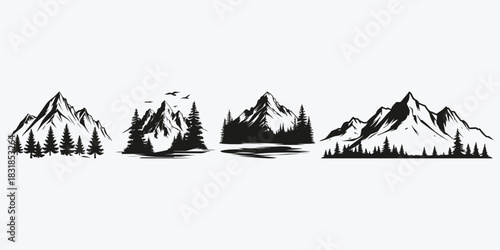 Wilderness mountain with forest silhouette sketch illustration vector set