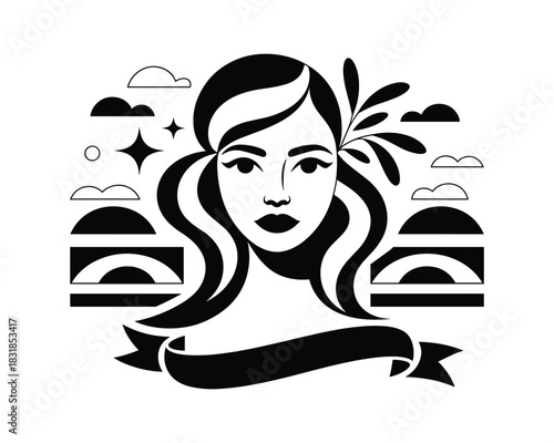 Elegant woman portrait with decorative elements in black and white illustration