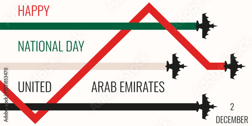 Modern UAE holiday horizontal banner. Vector illustration of minimalism United Arab Emirates national day with airplane flag and typography. Perfect holiday concept. EPS 10