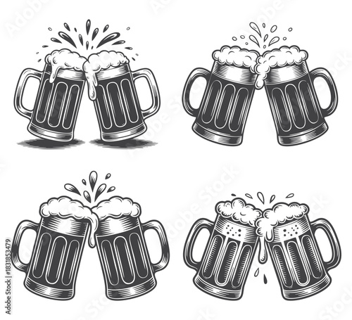 Four pairs of beer mugs clinking with frothy beer splashing toast celebration