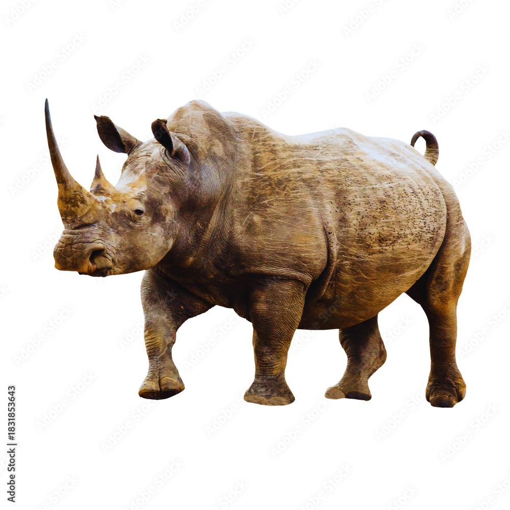 Obraz premium White Rhinoceros Isolated on White Background – Wildlife Animal Image