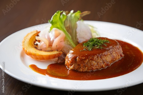 Japanese Hamburger Steak (Hamburgu) with Rice and Onion Rings