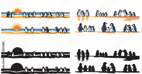 Penguin colony on beach with sunset and water reflections