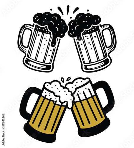 Two pairs of beer mugs clinking with foam and bubbles toasting celebration