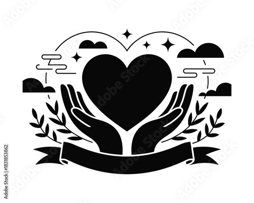 Hands holding heart surrounded by clouds stars and laurel branch illustration