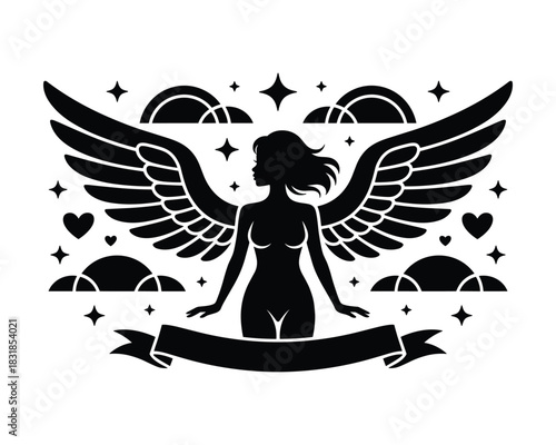 Silhouette of a winged woman with stars and clouds in a dreamy scene