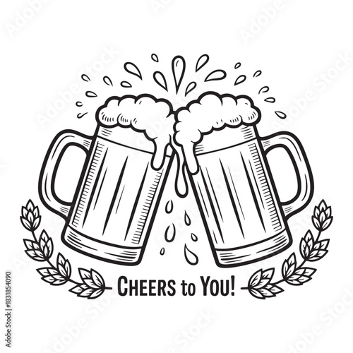 Two beer mugs clinking with foam splashes and hop branches toasting