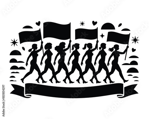 Feminist women marching with flags silhouette for women s rights and equality