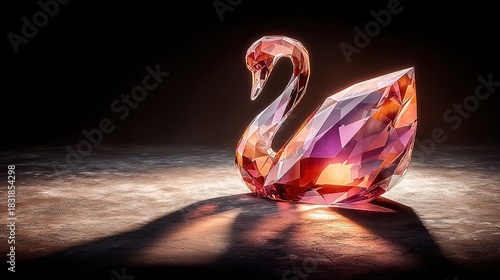 Fototapeta Naklejka Na Ścianę i Meble -  Close-up iridescent crystal swan on black, holographic glow, gallery-grade fine-art print ready