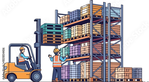Workers operating forklift and managing inventory on industrial shelving units in a warehouse setting with pallets and crates.