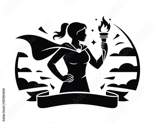 Silhouette of a woman with a torch and cape in a graphic design