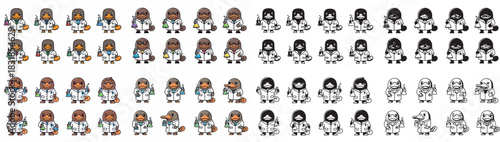 Duck scientist characters in lab coats with various expressions