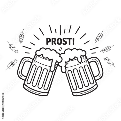 Two beer mugs clinking with frothy foam and P R O S T text toast prost