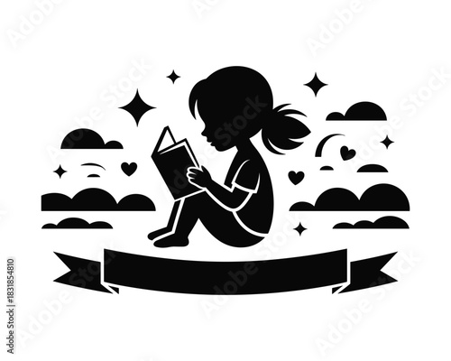 Silhouette of a girl reading a book surrounded by stars and clouds