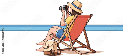 Woman in hat sitting on beach chair looking through binoculars.