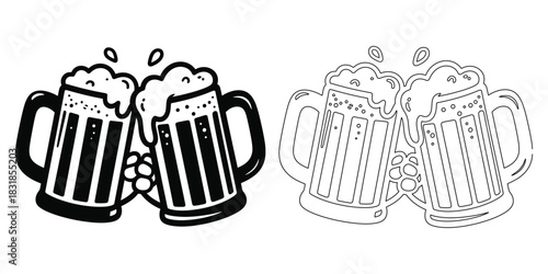 Two frothy beer mugs clinking together in black and white illustration toasting celebration