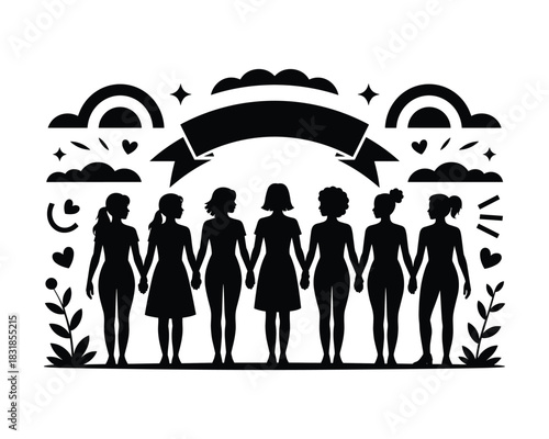 Silhouette of women holding hands with banner and decorative elements illustration