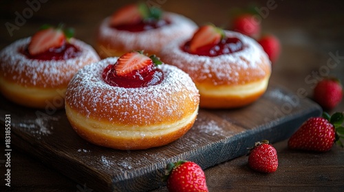 Fluffy doughnuts with strawberry jam and fresh berries adorn the table, creating an appetising backdrop for culinary blogs or confectionery advertisements.