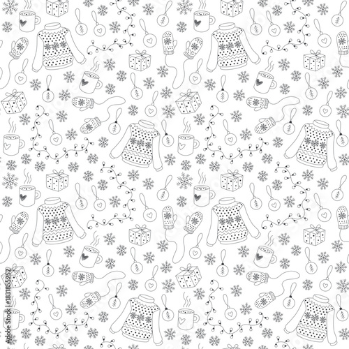 Winter Christmas seamless pattern, background with knitted sweaters, mittens, snowflakes, gifts, decorations and mugs of tea in vector. Cozy festive vibes. Black and white, outline contour drawing.