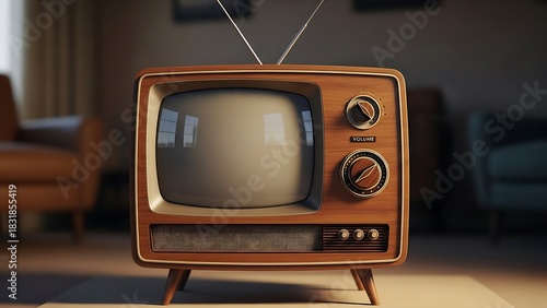 A high-quality image of the antique television's wooden texture and the reflection on its curved glass screen.