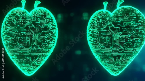 Two glowing heart-shaped circuits in neon green against a dark backdrop