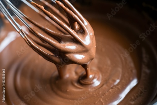 Melted Chocolate Being Stirred with a Wire Whisk - Close Up