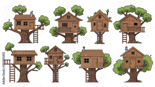 Pixel art treehouses collection featuring eight unique rustic wooden dwellings nestled high in lush trees, perfect for imaginative adventures