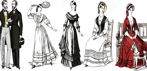 PrintVintage vector illustration set of Victorian era people in 19th-century fashion, featuring elegant women in gowns and men in suits, depicting historical costume and retro style social life.