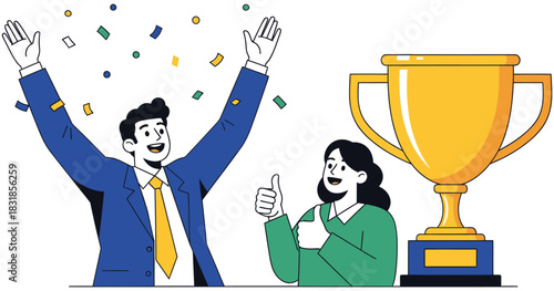 Dynamic team celebrating victory with golden trophy and confetti symbolizing success and achievement