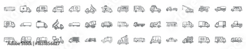 A collection of various vehicle line icons. Features different types of trucks, buses, and service vehicles for transportation, logistics, and delivery concepts.