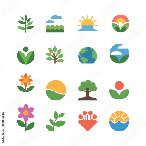 Collection of nature, environment, and ecology flat vector icons on white background