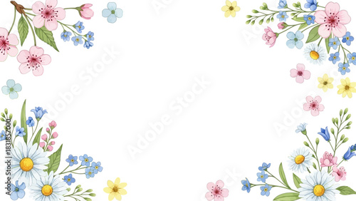 Vector illustration of a spring floral corner frame with chamomile, cherry blossoms, and forget-me-nots on a white background