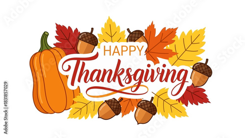 Festive autumn design with calligraphic text, an orange pumpkin, acorns, and colorful falling leaves for a seasonal celebration