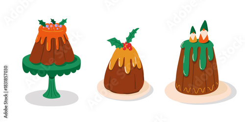 Charming Christmas cake collection. ute festive desserts and pudding. Vector illustration on white background.