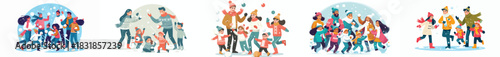 family playing snowball fight. Vektor, design, minimalist, illustrations, set icon