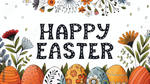 Happy easter greeting card with colorful decorated eggs and floral border in a charming hand drawn watercolor style