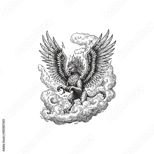 vector illustration of a furious Griffin or Gryphon taking flight amidst swirling storm clouds and bolts of lightning