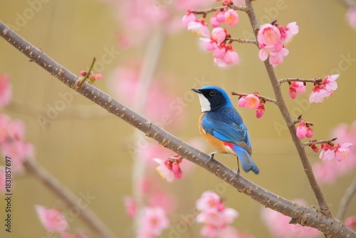 Blue-throated Redstart Perched on Flowering Branch