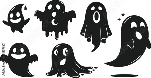 Collection of spooky halloween ghosts in black and white vector illustration