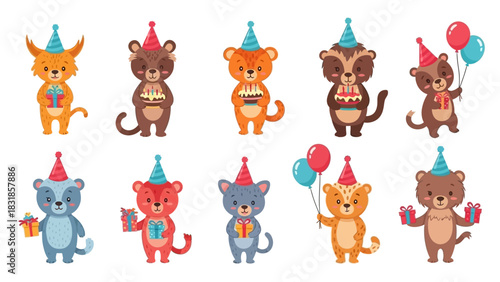 Adorable cartoon animals celebrate with party hats, cakes, balloons, and gifts, bringing festive joy to birthday celebrations and children's events