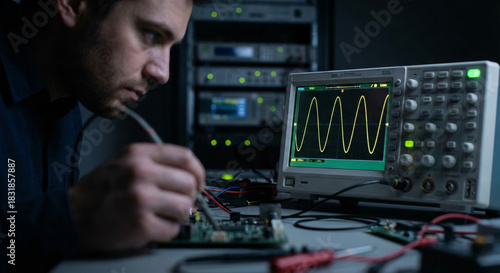 Technician analyzes electronic circuits using an oscilloscope in a lab setting