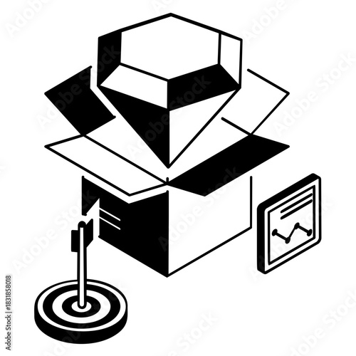 product value proposition conceptual isometric concept,  human hand unboxing sparkling faceted diamond vector design, wining ups  sign,  Digital Era Branding  symbol, Sales Marketing illustration