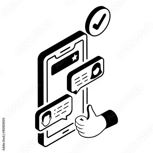 online reputation management isometric concept, consumers checking reviews before buying on mobile vector design, Showcasing Testimonials  sign, Trust Factor  symbol, Sales Marketing illustration