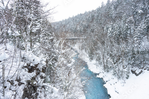 An emerald river that flows even in the snowy winter