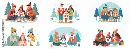 family enjoying warm drinks outside during winter. Vektor, design, minimalist, illustrations, set icon