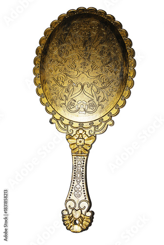 Vintage Ornate Gold Hand Mirror – Isolated on a Transparent Background
