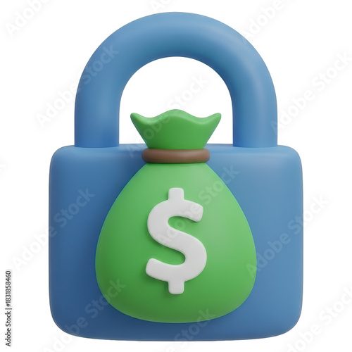 3d security icon risk protect money lock in blue with green bag symbol