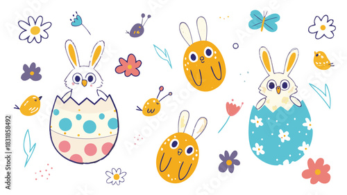 Cute easter illustration featuring adorable bunnies hatching from colorful decorated eggs surrounded by flowers birds and butterflies on a white background for a festive celebration
